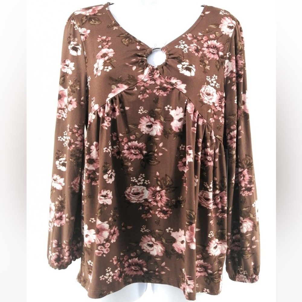 NWOT! Absolute Famous Y2K Long Sleeve Babydoll Top Multi Floral - Size Large 🎞️